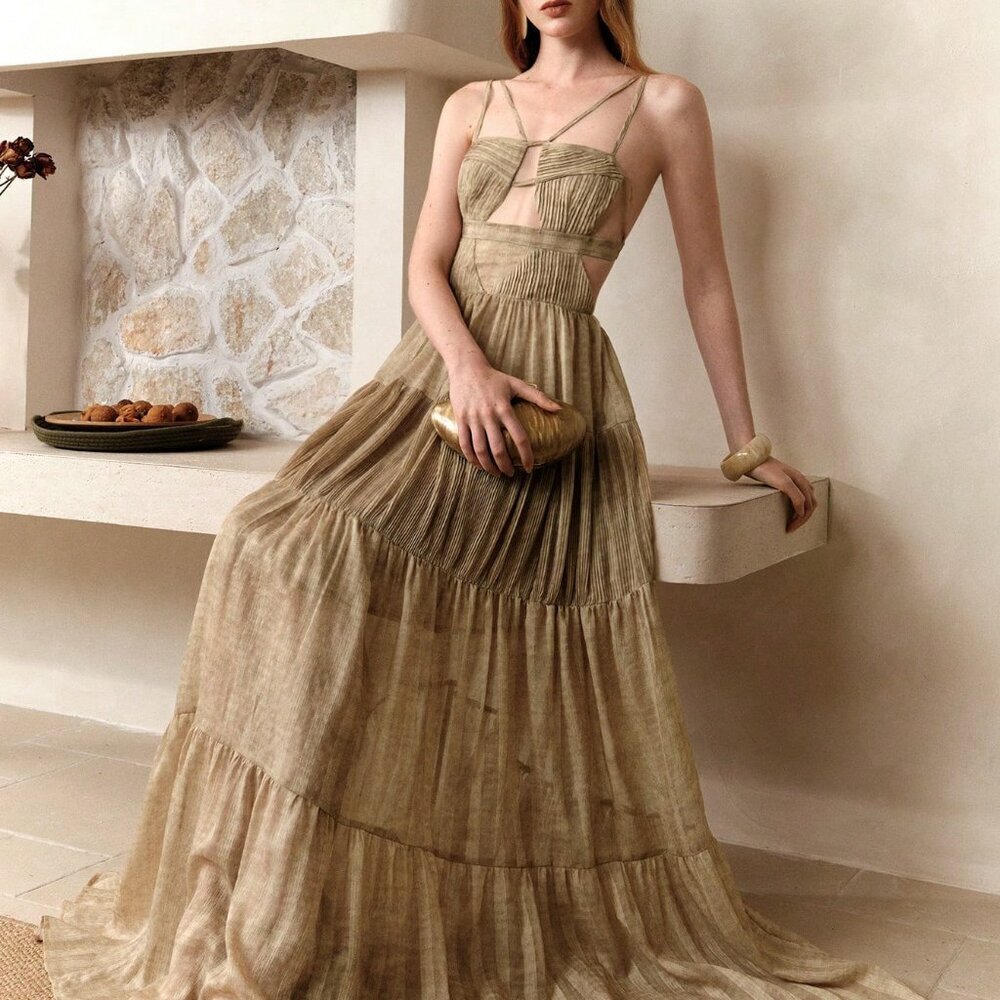 Khaki Casual Women's Tie-Dye Beach Wedding Guest Dress - Picture 4 of 7